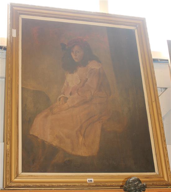 Large oil on canvas, girl seated in pink dress